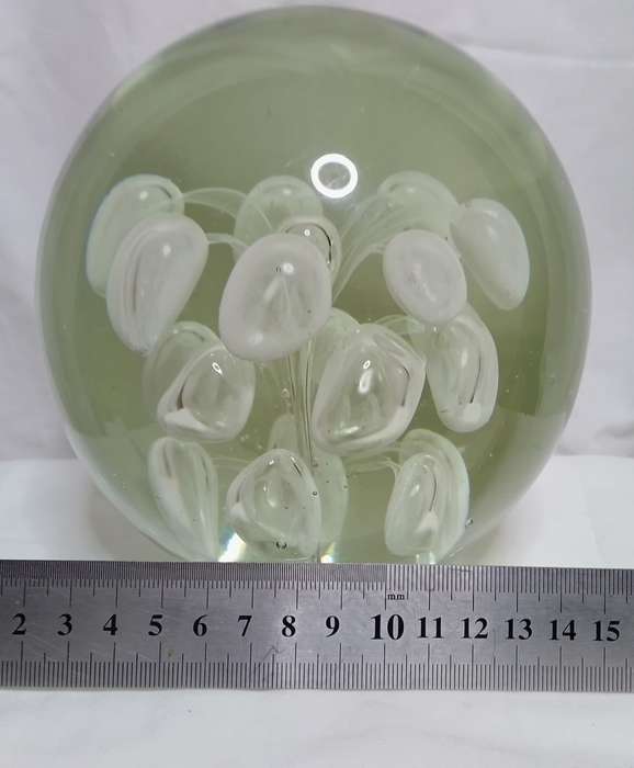 Huge vintage clear art glass paperweight with abstract flower