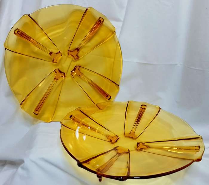 Two stunning Art deco amber glass platters