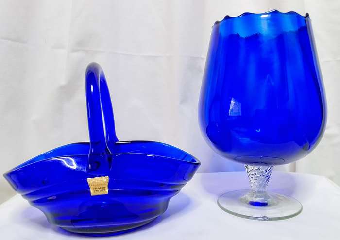 Two stunning vintage cobalt blue glass items - basket & vase