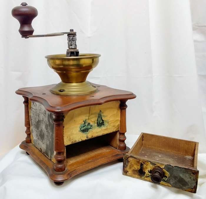Old Box Coffee Grinder with wonderful charm - worn, but working