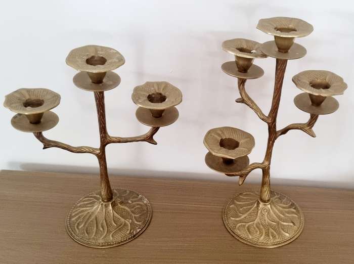 Pair of Unique Botanical, Tree and Flowers Brass Candlesticks/Holders Candelabra