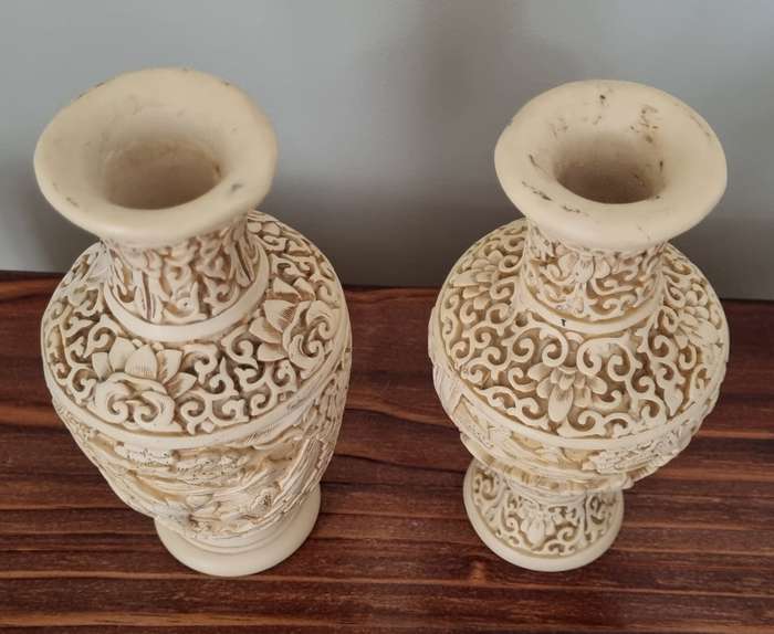 Pair of Chinese White Cinnabar Craved Vases