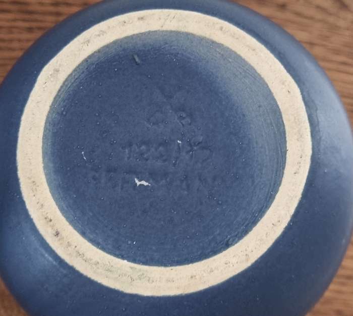 DUMLER AND BREIDEN WEST GERMAN POTTERY VASE, Fat Lava blue and white foamy glazes, circa 1960s