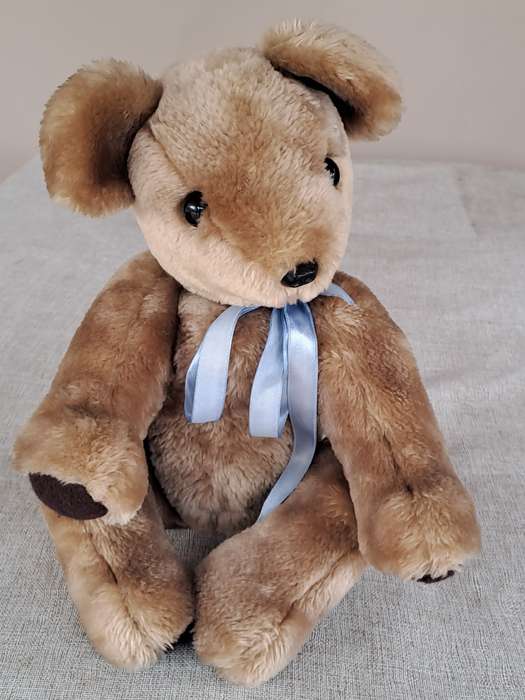 Plush Brown Bear with Blue Ribbon