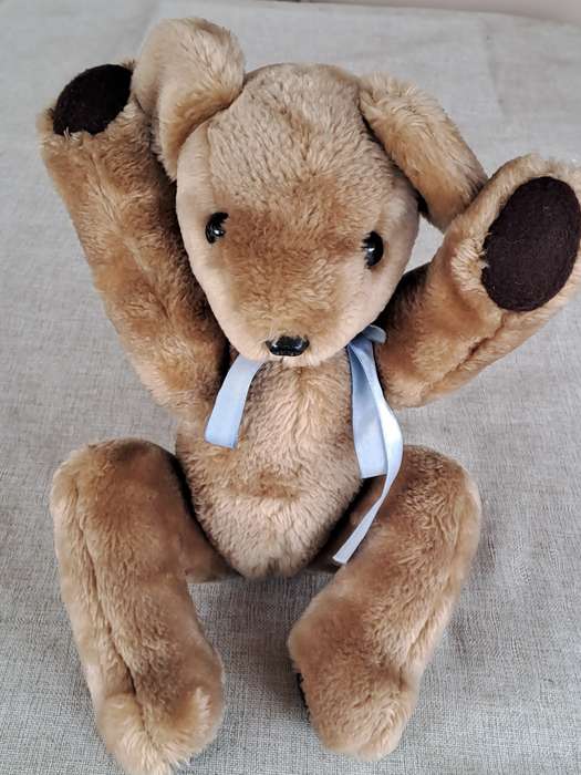 Plush Brown Bear with Blue Ribbon