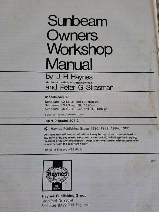 Talbot / Chrysler Sunbeam Owners Workshop Manual 1977 to 1982 - Haynes