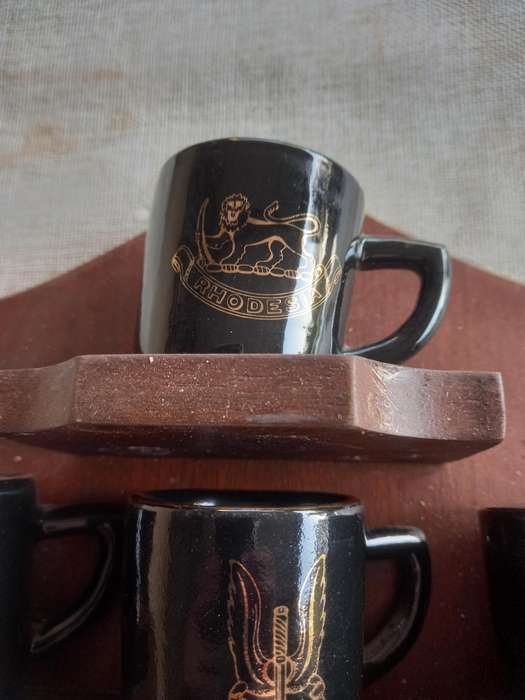 Rhodesian military Unit collection - wood shield with 19x unit "miniature mugs ?"