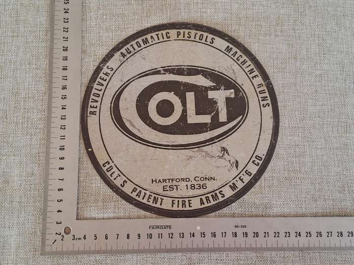 Colt Revolvers, Automatic Pistols, Machine Guns - Circular Advertising Tin Plate Sign