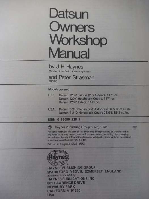 Datsun 120Y - Haynes - Owners Workshop Manual - 1973 to 1978