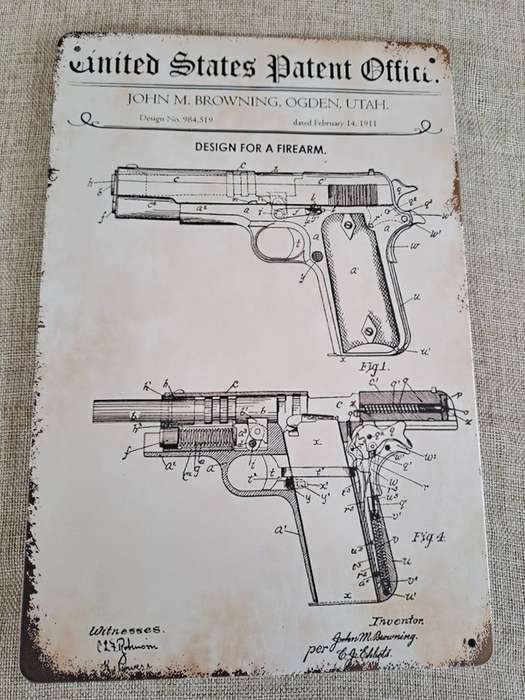 United States Patent Office: John M. Browning - Advertising Tin Plate Sign