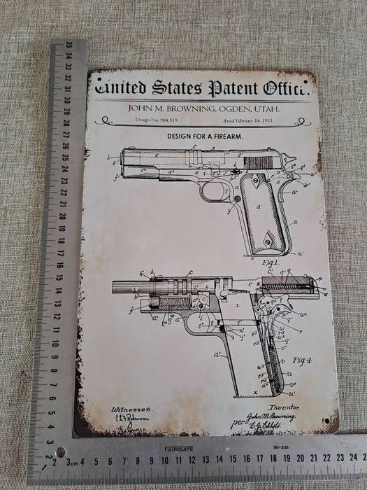 United States Patent Office: John M. Browning - Advertising Tin Plate Sign