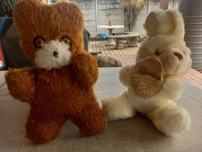 Brown and White Bear Vintage / Plush Bunny with Basket - Prima Toys