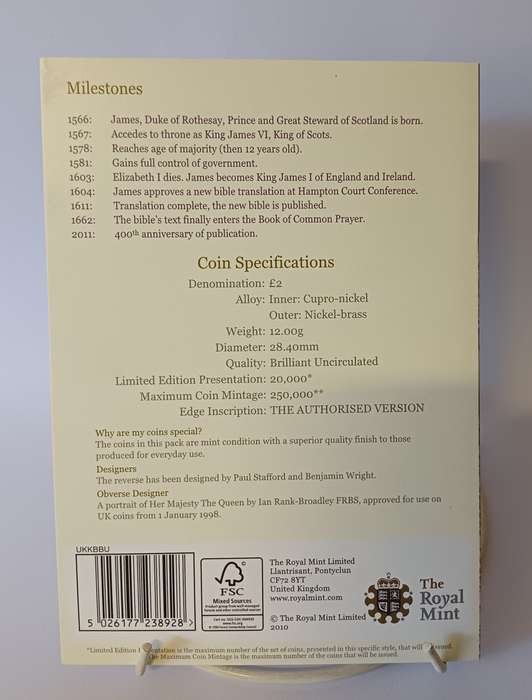 2011, King James Bible 2 pound Brilliant Uncirculated Coin
