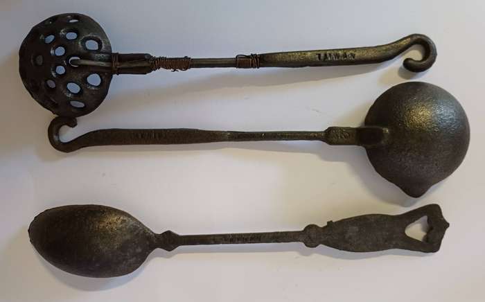 3 Vintage Cast iron hanging utencils