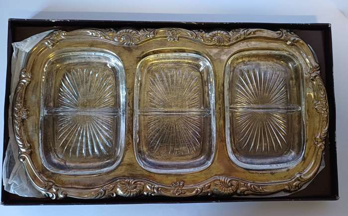 Vintage Silver Plated Serving Tray with Glass Inserts - L'argenterie, Made in Hong Kong