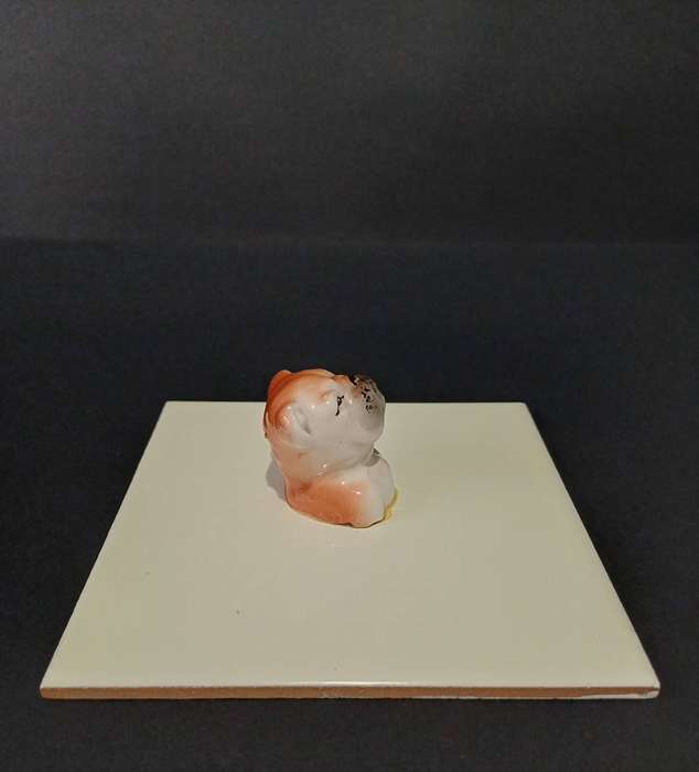 Kitsch porcelain bulldog head mounted on a ceramic tile