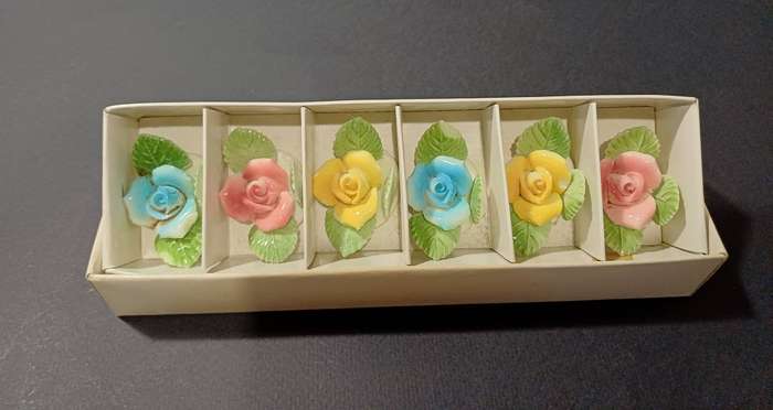Vintage Hand-Painted Porcelain Rose Place Holders (Set of 6) - Assorted Colours