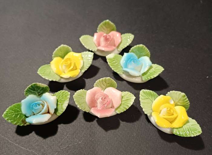 Vintage Hand-Painted Porcelain Rose Place Holders (Set of 6) - Assorted Colours