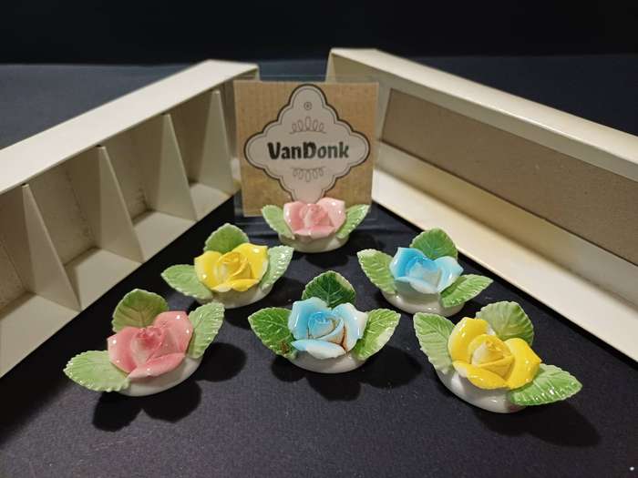 Vintage Hand-Painted Porcelain Rose Place Holders (Set of 6) - Assorted Colours