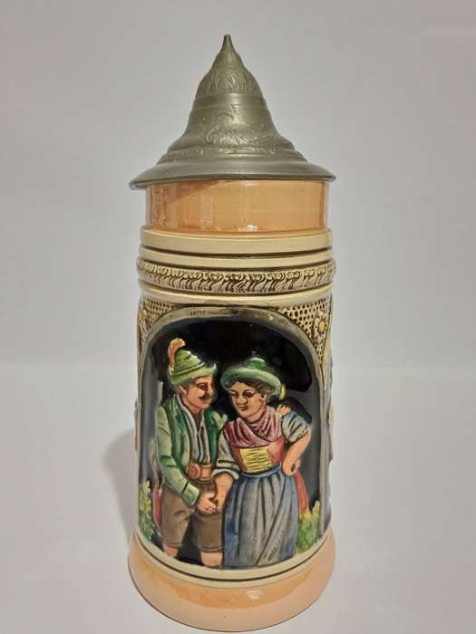 Werner Corzelius German Stoneware Stein, Hand-Painted Relief, 1/2L with Pewter Lid