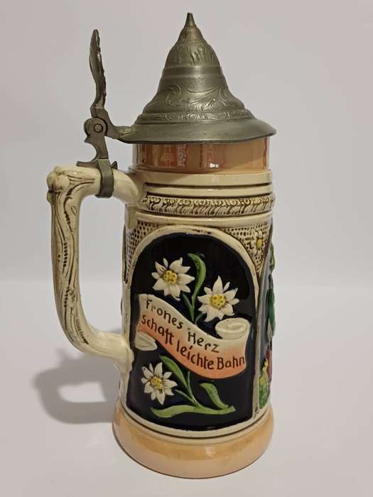 Werner Corzelius German Stoneware Stein, Hand-Painted Relief, 1/2L with Pewter Lid