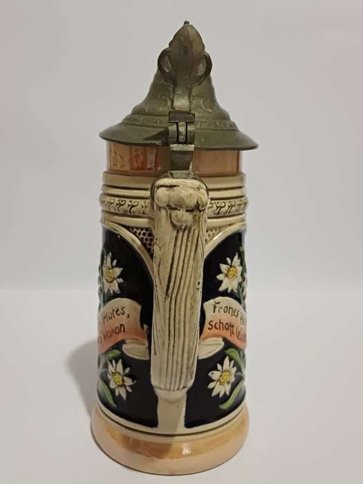 Werner Corzelius German Stoneware Stein, Hand-Painted Relief, 1/2L with Pewter Lid