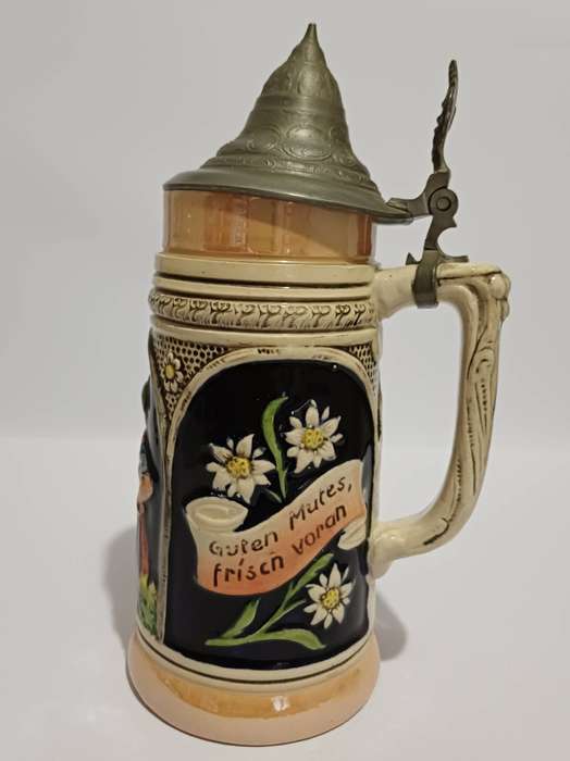 Werner Corzelius German Stoneware Stein, Hand-Painted Relief, 1/2L with Pewter Lid