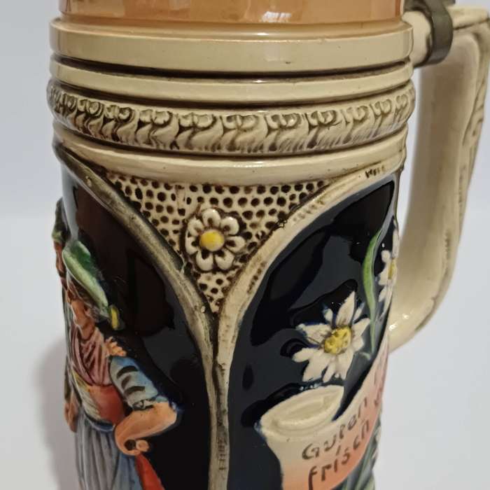 Werner Corzelius German Stoneware Stein, Hand-Painted Relief, 1/2L with Pewter Lid