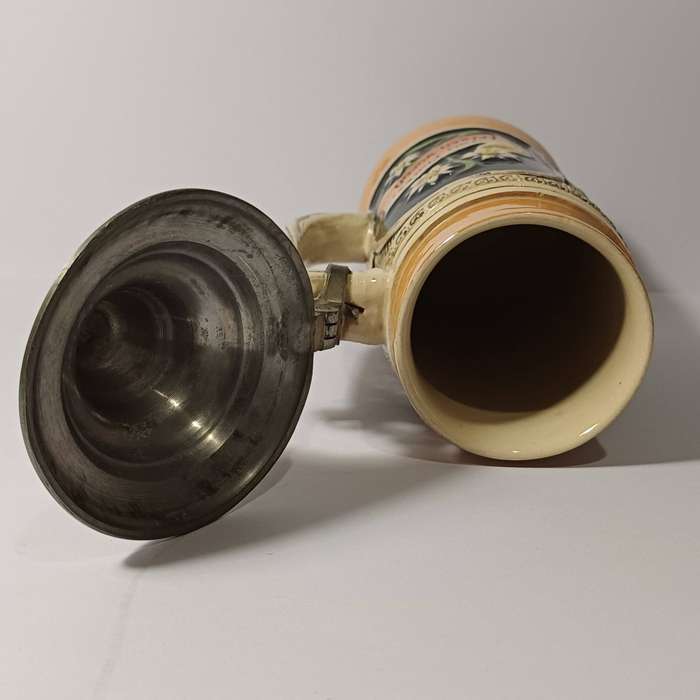 Werner Corzelius German Stoneware Stein, Hand-Painted Relief, 1/2L with Pewter Lid