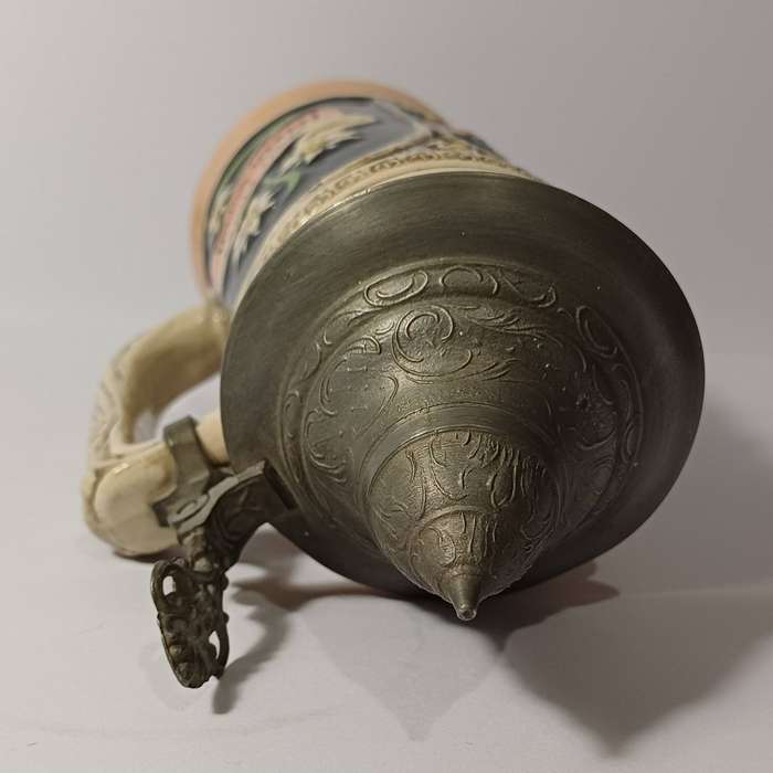 Werner Corzelius German Stoneware Stein, Hand-Painted Relief, 1/2L with Pewter Lid
