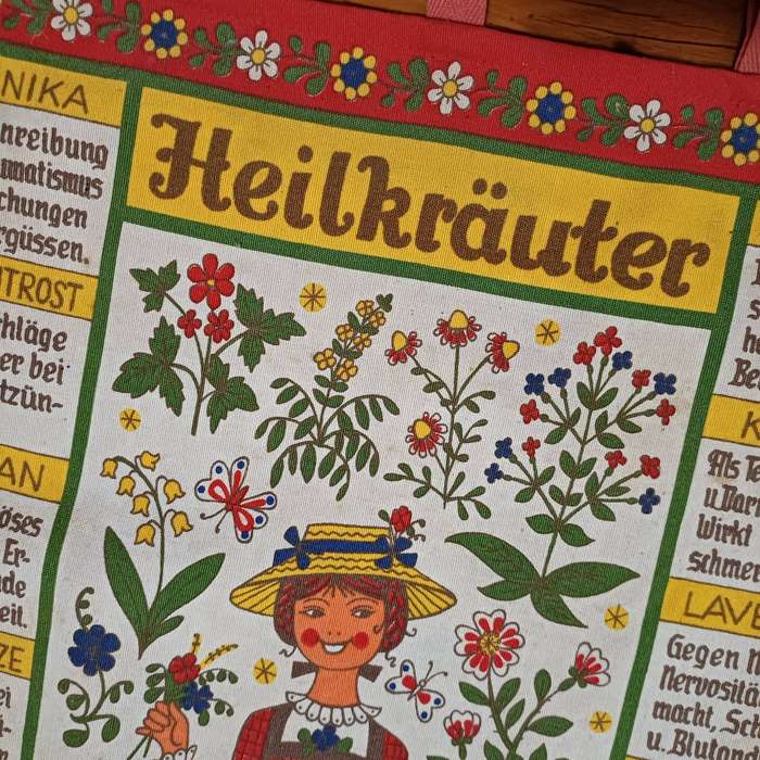 Vintage German Kolf Heilkräuter Herbal Remedies Wall Hanging  Cotton, 55x38cm with Wooden Rod