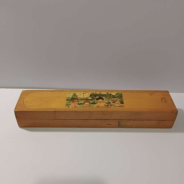 Vintage Japanese Wooden Sliding Lid & Swivel Pencil Case