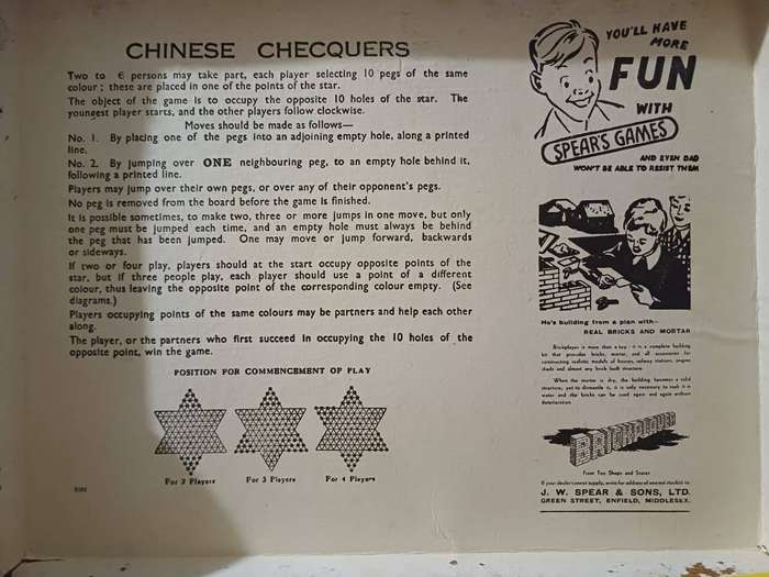 Vintage 1950s J. W. Spear & Sons "Chinese Chequers" Board Game (Complete) AKA Chinese Checkers