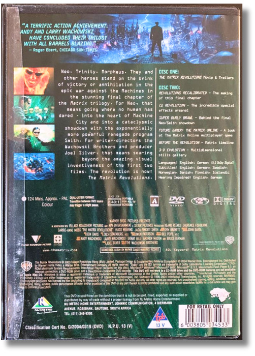 Matrix Revolutions  2 Disc DVD (Keanu Reeves, Carrie-Anne Moss, Laurence Fishburne, Hugo Weaving)