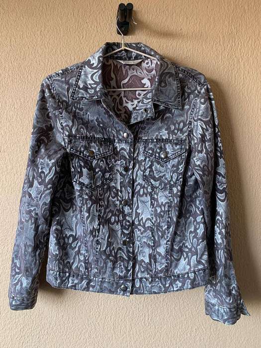 Abstract Print Denim Jacket  Swirl Pattern, Grey-Purple Tones Size 32/34