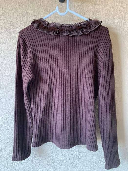 Chocolate Brown Ruffle Sweater  Includes Feathered Rhinestone Brooch Size 32