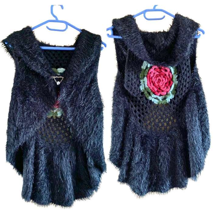 Unique Shaggy Black Shawl Vest with Front Hook & Floral Crochet Detail