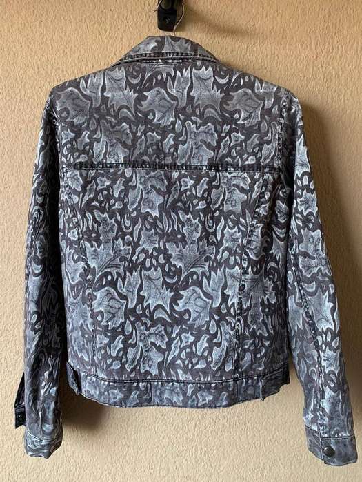 Abstract Print Denim Jacket  Swirl Pattern, Grey-Purple Tones Size 32/34