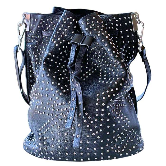 Zara Studded Black Bucket Bag with Stars Theme Genuine Leather