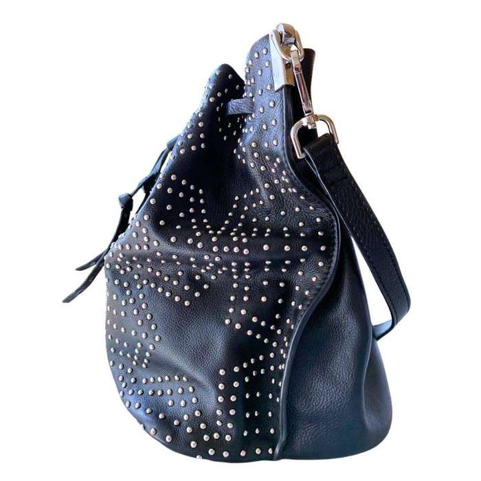 Zara Studded Black Bucket Bag with Stars Theme Genuine Leather