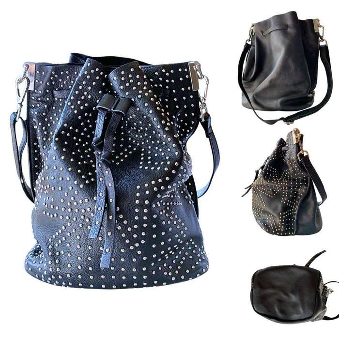 Zara Studded Black Bucket Bag with Stars Theme Genuine Leather