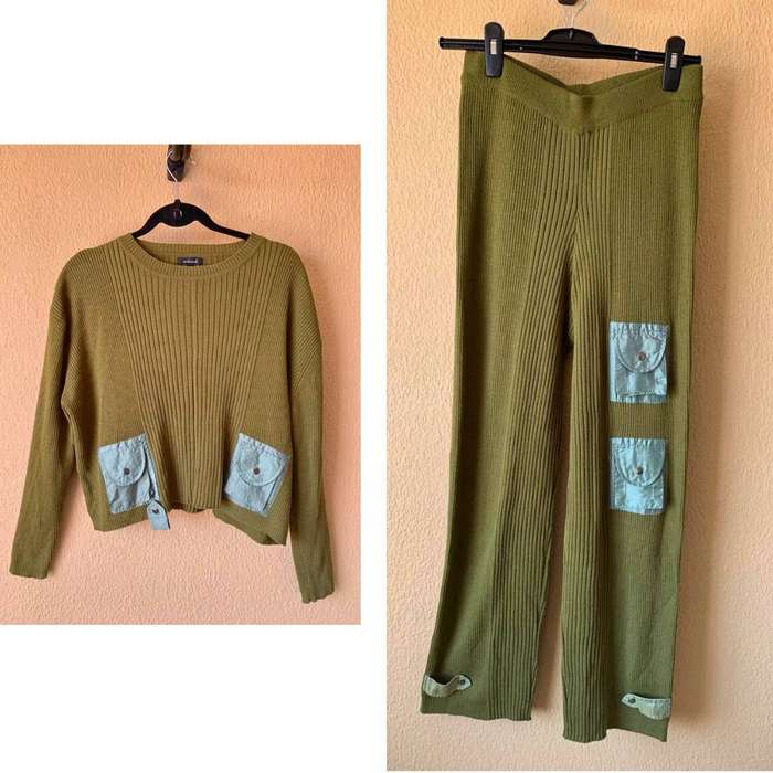 Olive Wool-Acrylic Lounge Set  Ribbed Knit with Pocket Detail (Top M, Pants L)