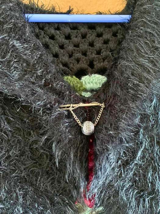 Unique Shaggy Black Shawl Vest with Front Hook & Floral Crochet Detail