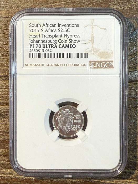 2017 Heart Transplant - Flypress JHB Coin Show *** Silver 2.5C - PF70 UC