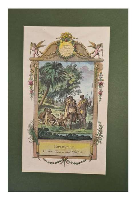 Antique hand tinted print from 1790, entitled Hottentot men, women and children.