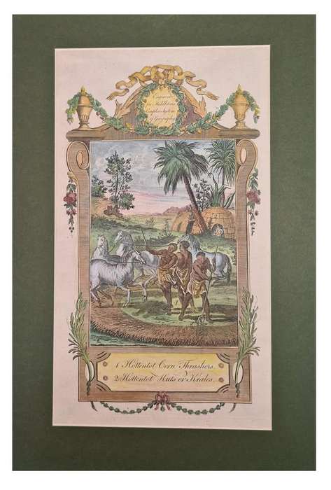 Antique hand tinted print from 1790, entitled "Hottentot corn thrashers"
