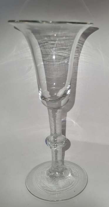18th Century English Bell bowl glass with stem with an air-twist and knop.