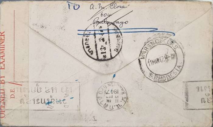 Southern Rhodesia to Japanese POW camp in Thailand, returned to sender, with backup documents.