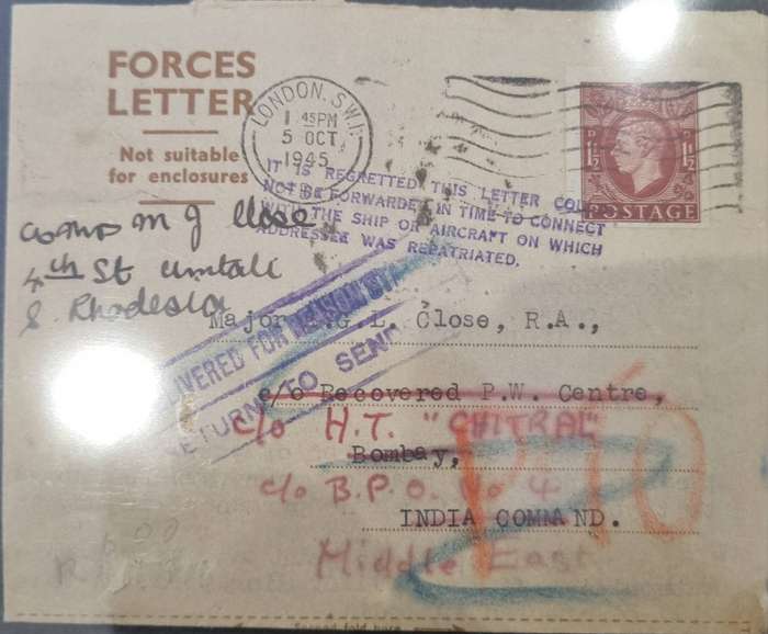 Forces Letter from UK to India, soldier was relocated to Southern Rhodesia