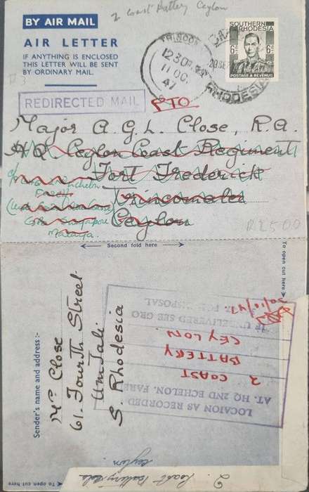 Southern Rhodesia, 1947, fifth printing air letter to Ceylon, redirected to Malaya
